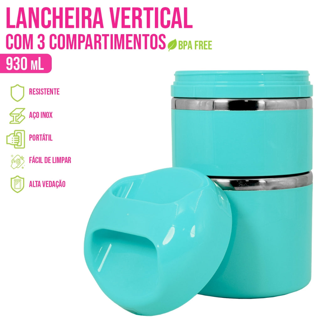 Lancheira Vertical 3 compartimentos Inox Marmita